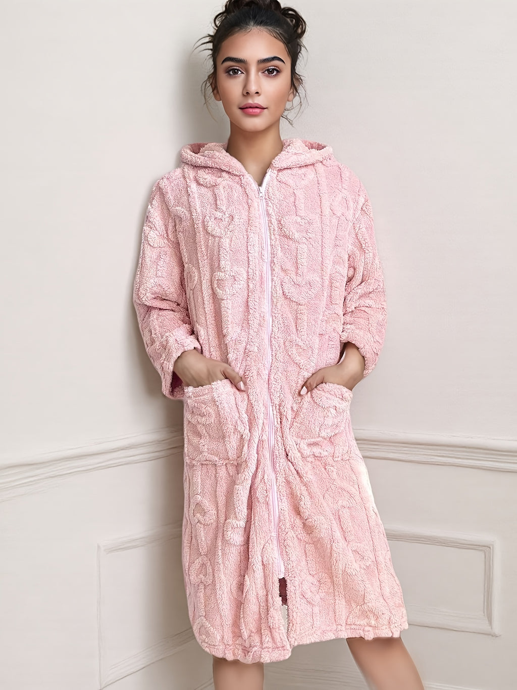Women's heart print hooded zip-up dressing gown