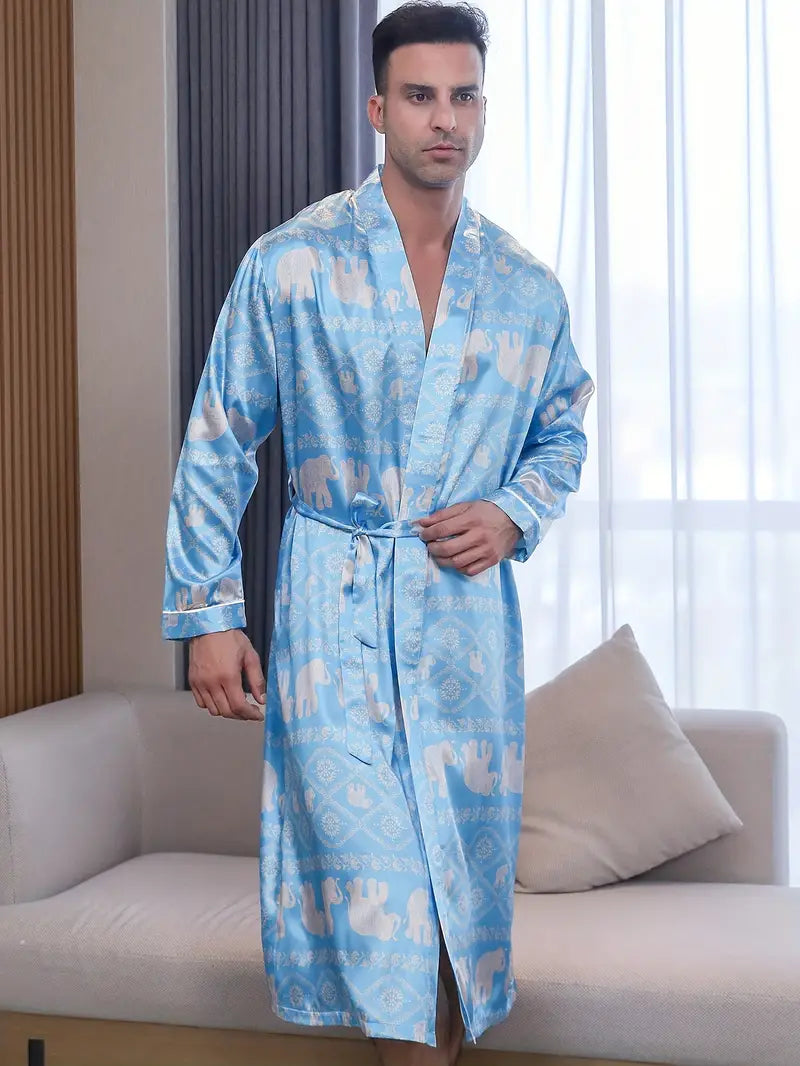 Men's long blue satin kimono robe, plus size