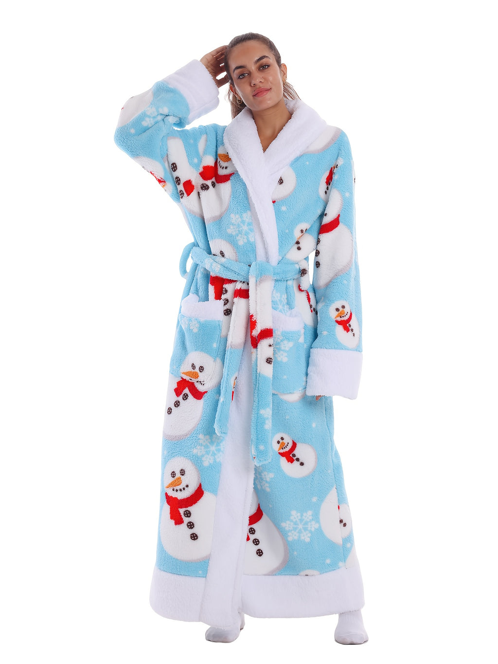 Women's blue snowman print fleece dressing gown
