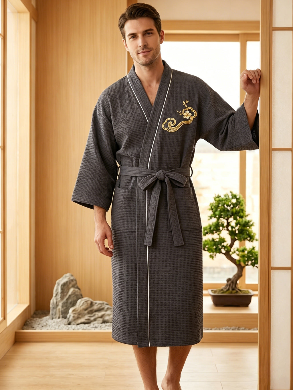 Men's black waffle bathrobe