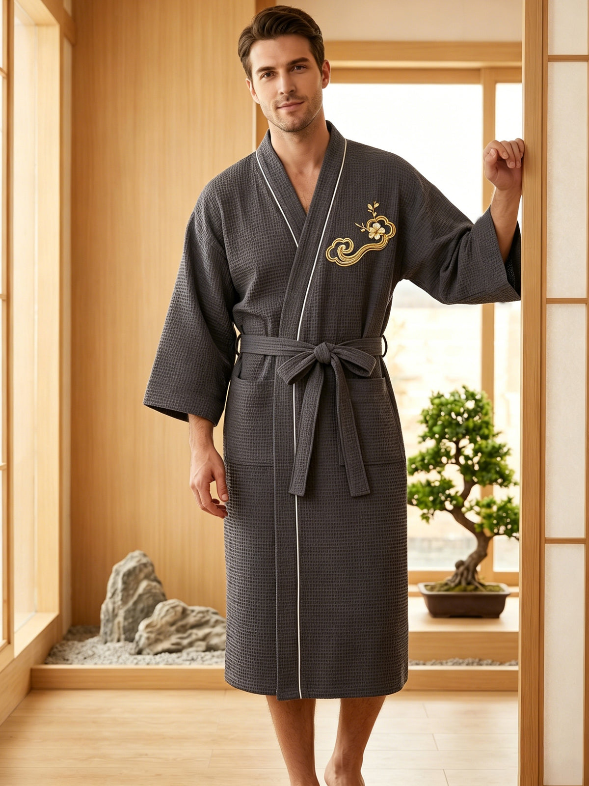 Men's black waffle bathrobe