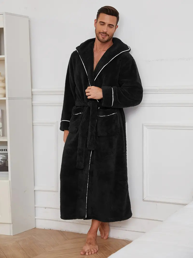 Men's thick hooded fleece bathrobe