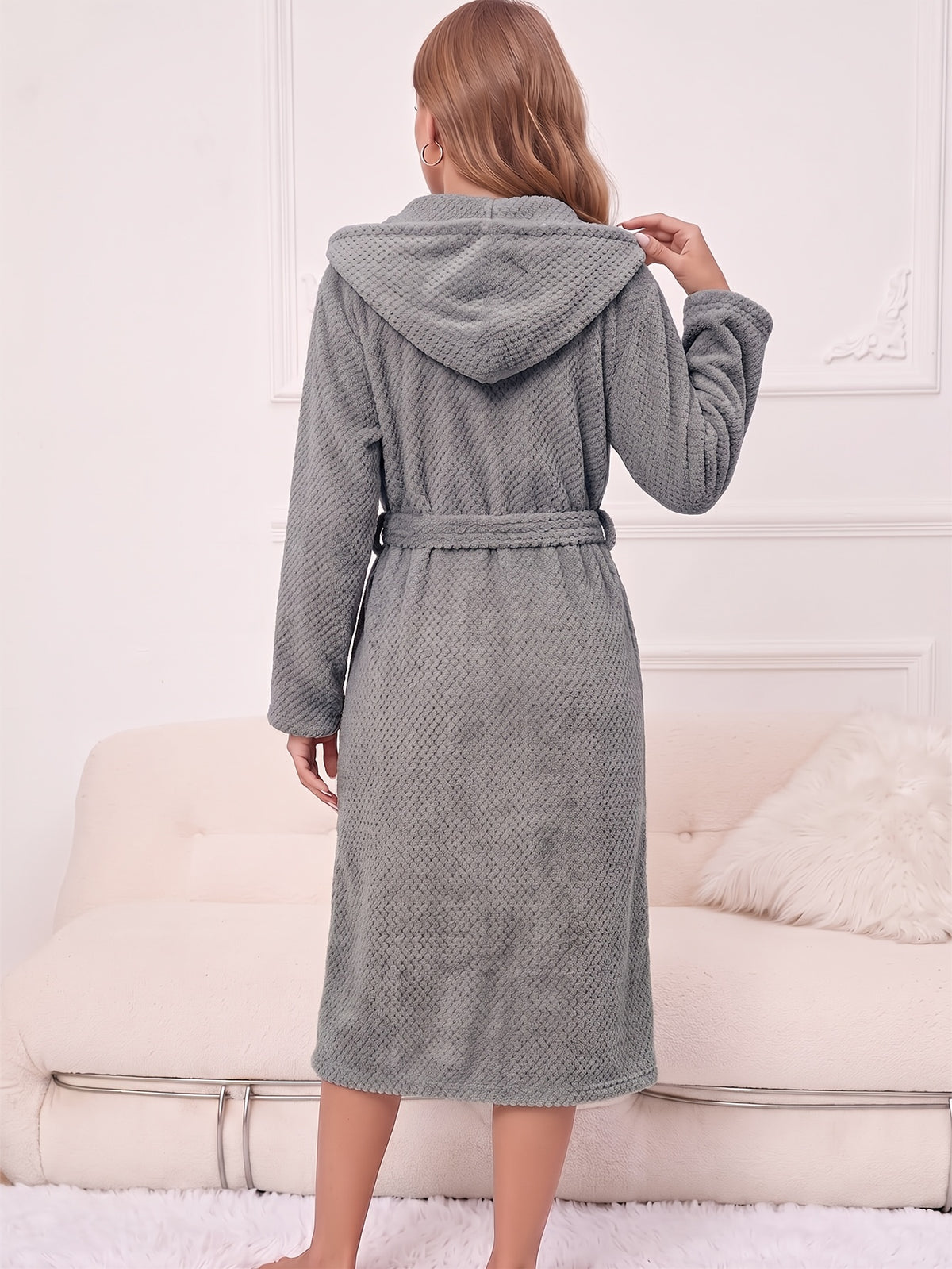 Women's long hooded tartan bathrobe