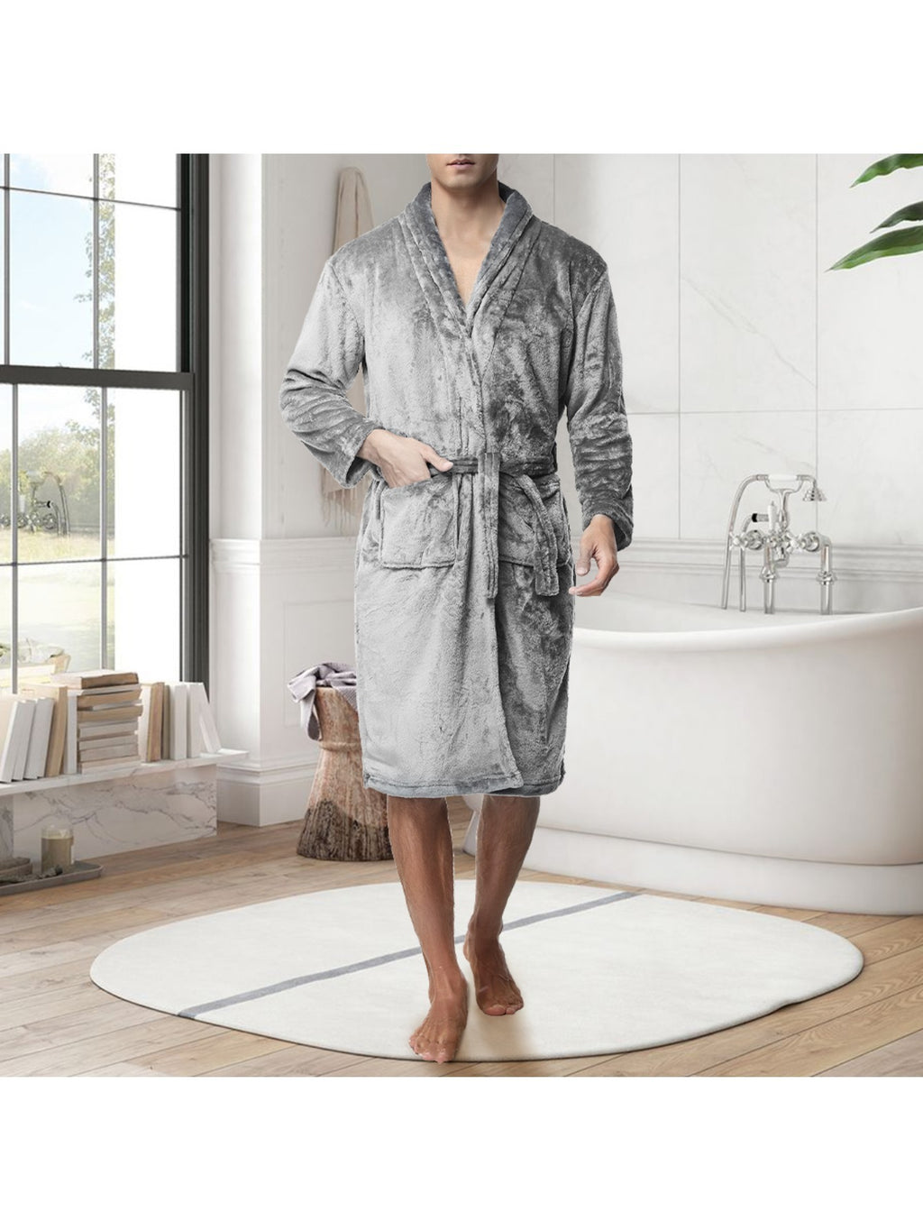 Unisex grey long towelling bathrobe