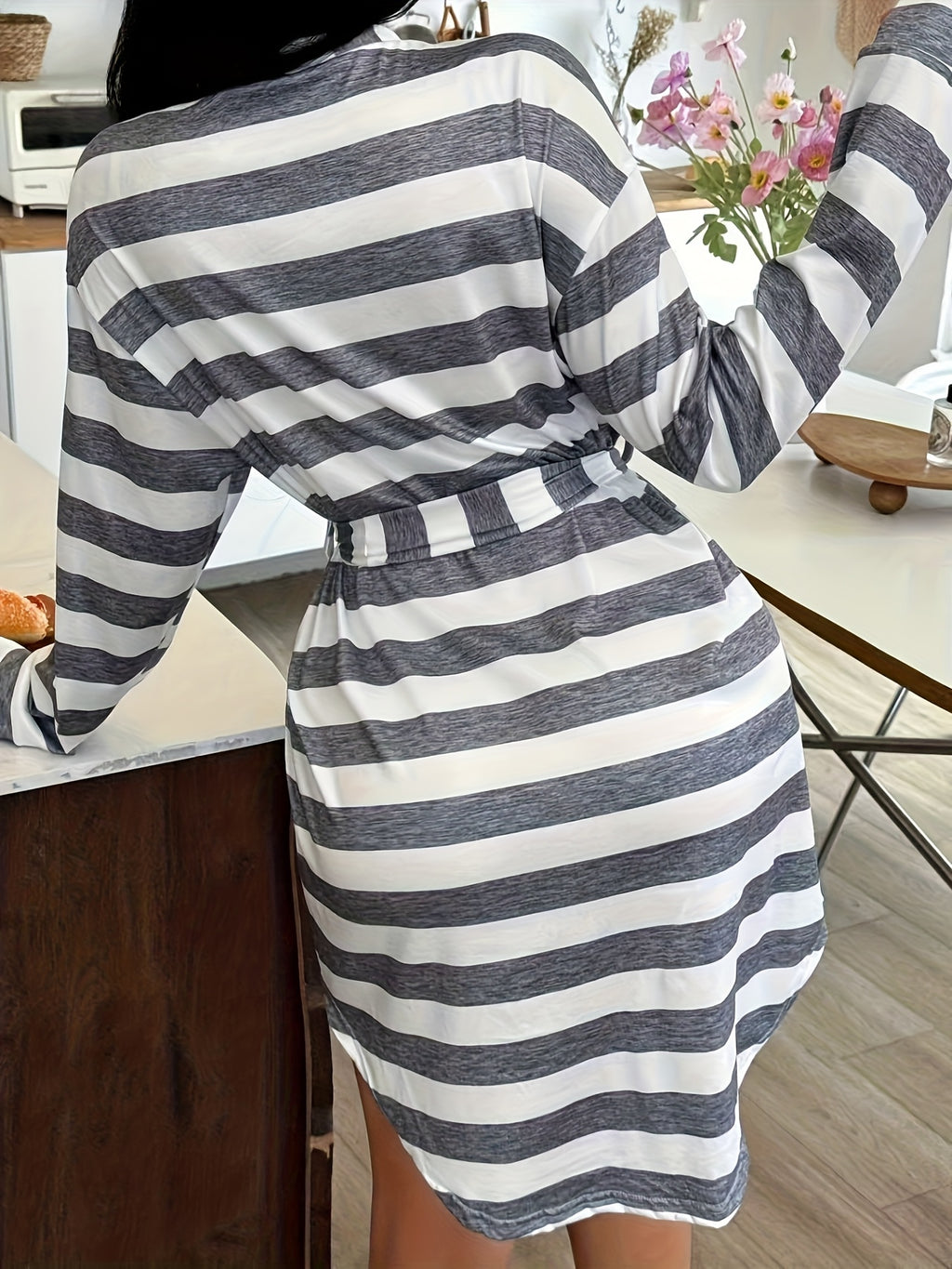 Women's grey striped hooded dressing gown
