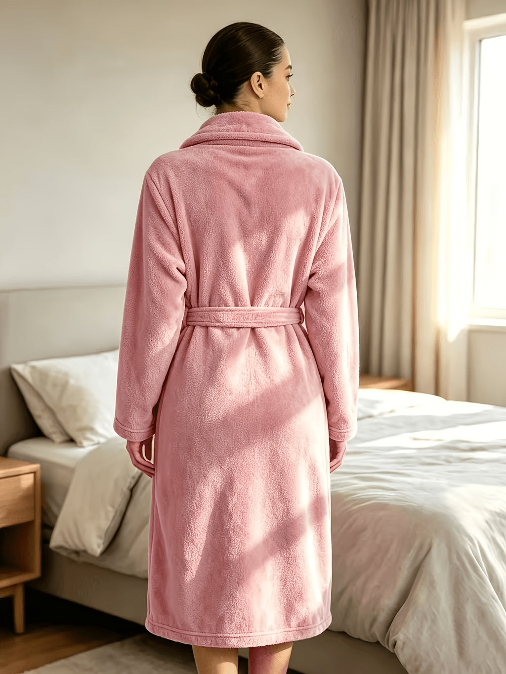 Women's pink flannel dressing gown with pockets