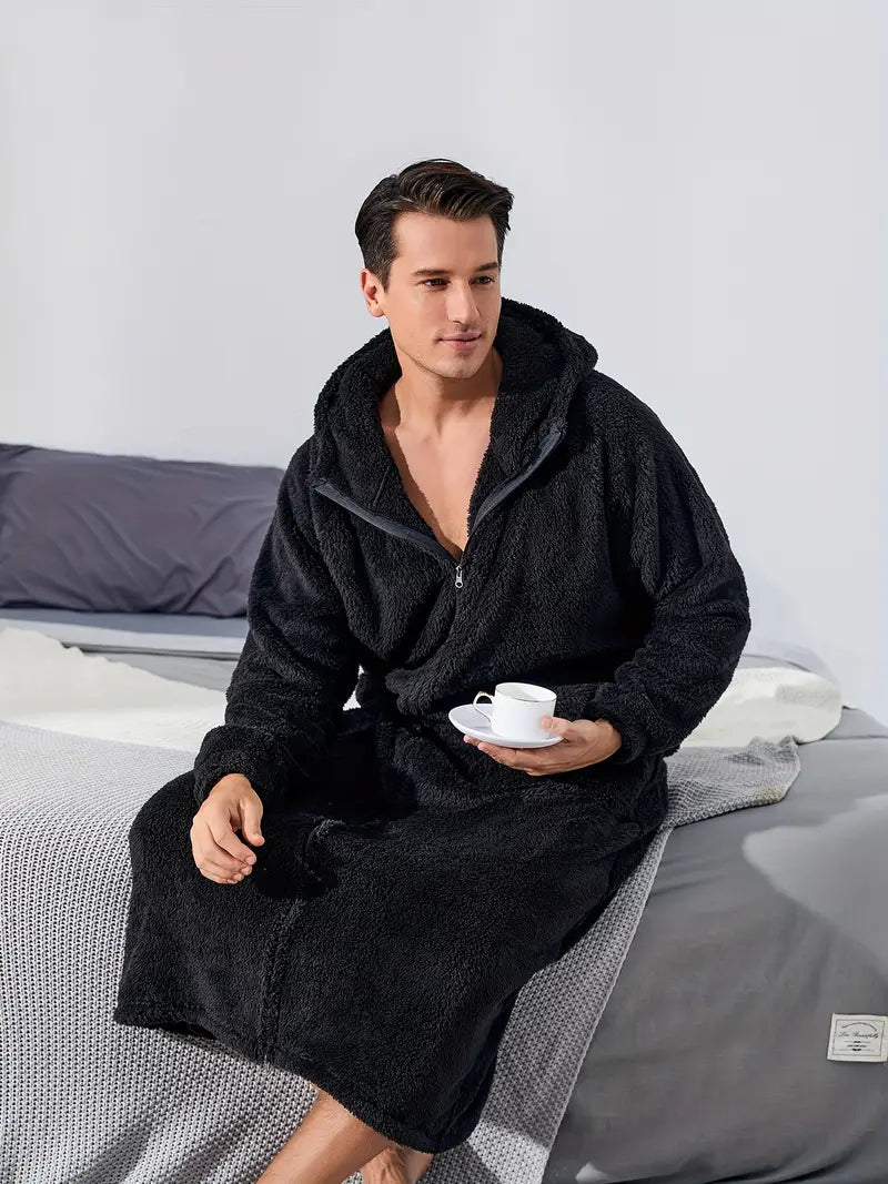 Men's long hooded towelling bathrobe