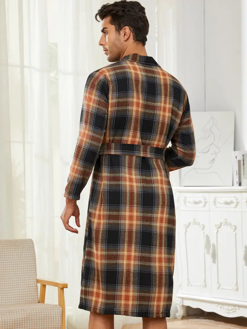 Men's long checked cotton kimono robe