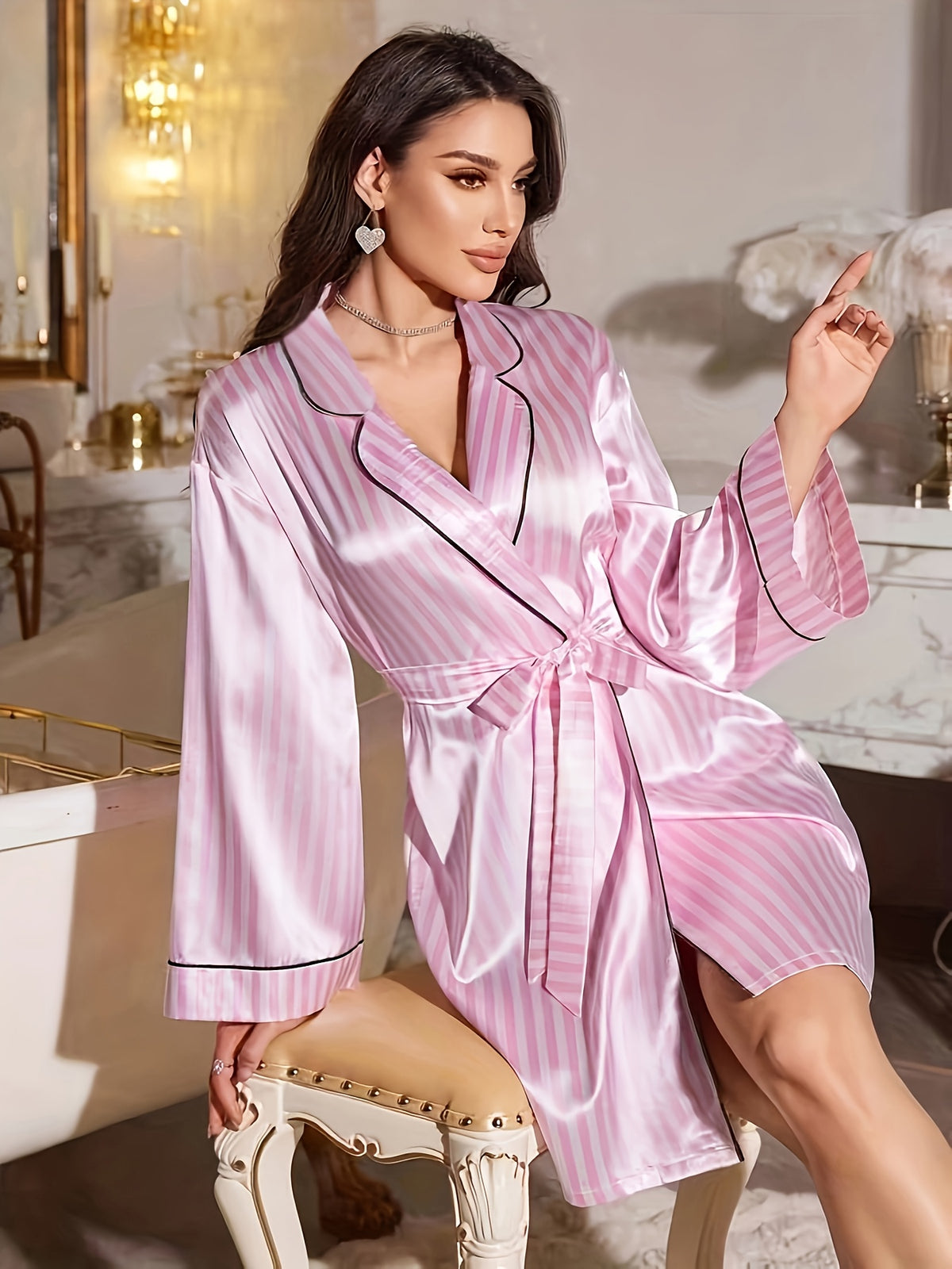 Women's pink striped satin dressing gown