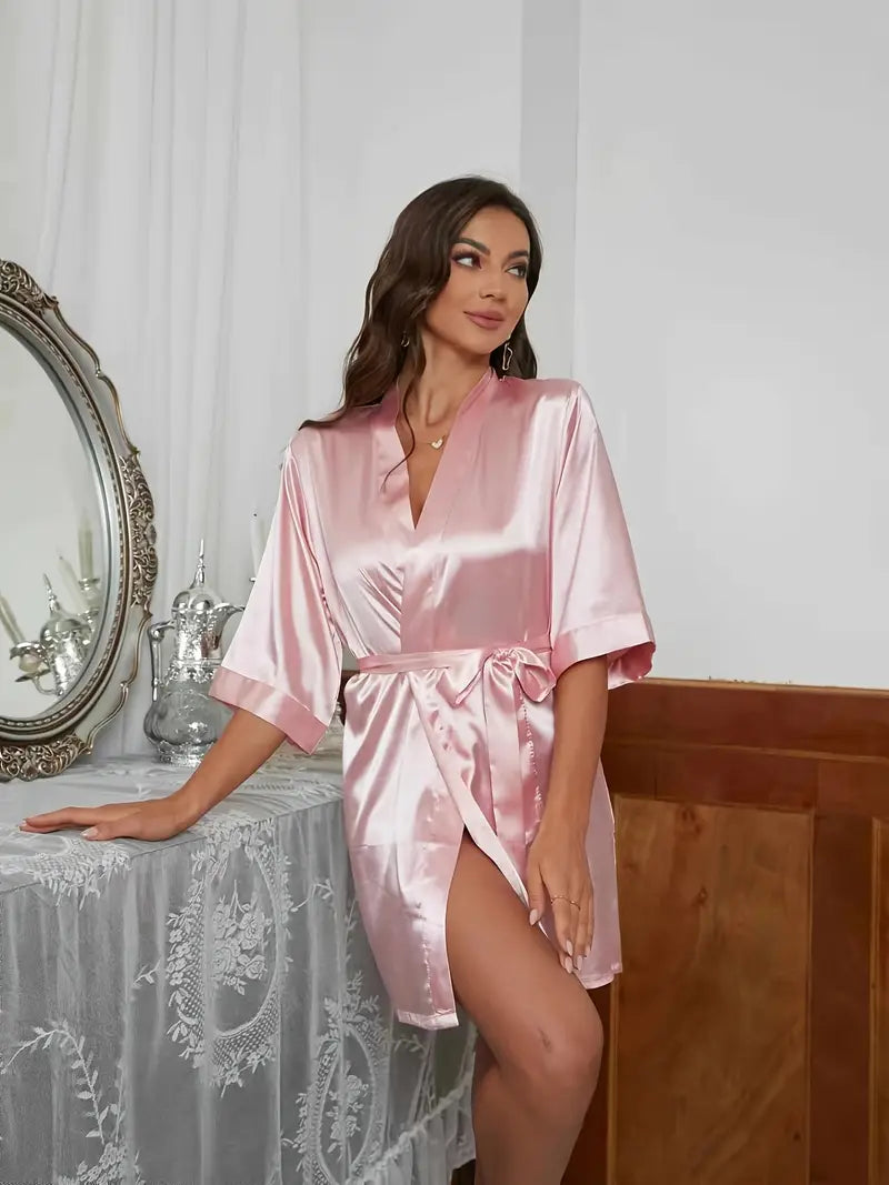 Women's pink satin kimono robe