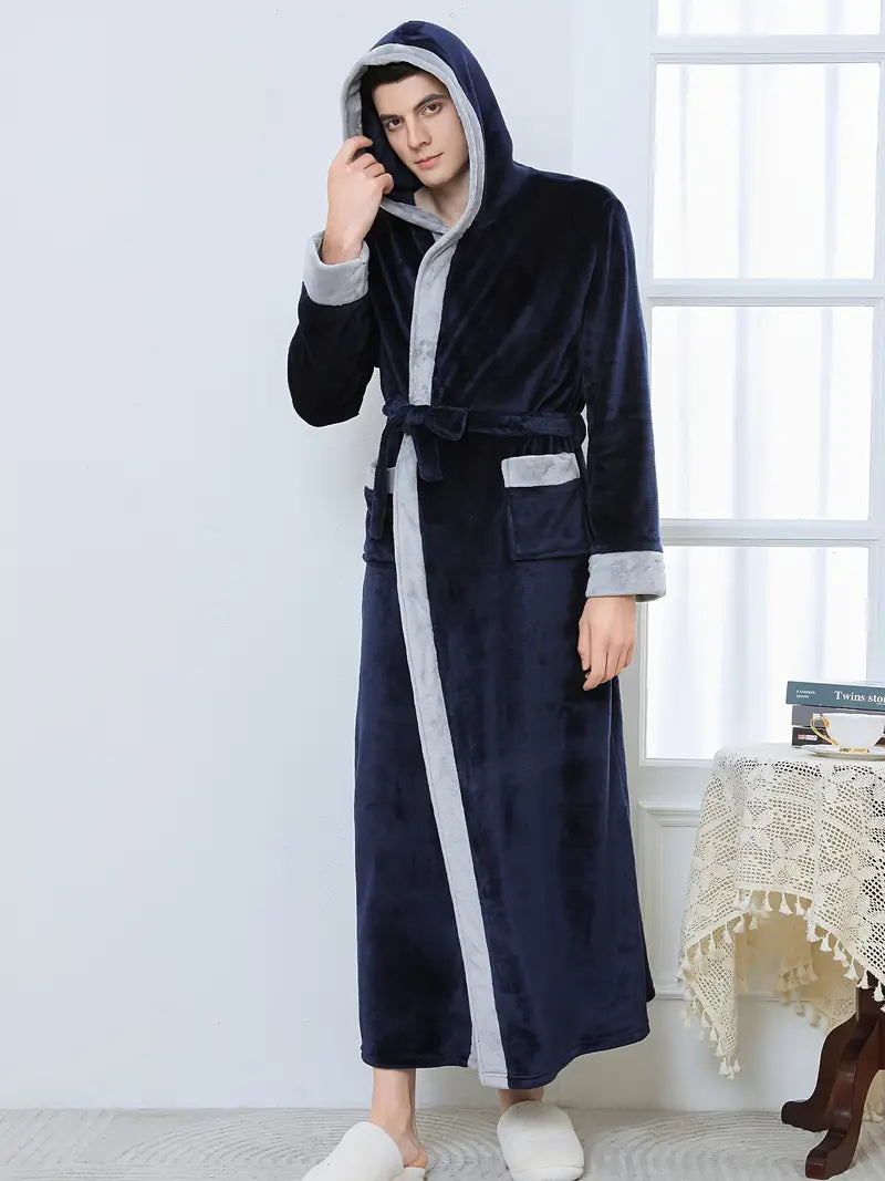 Men's long hooded towelling bathrobe, petite — Navy