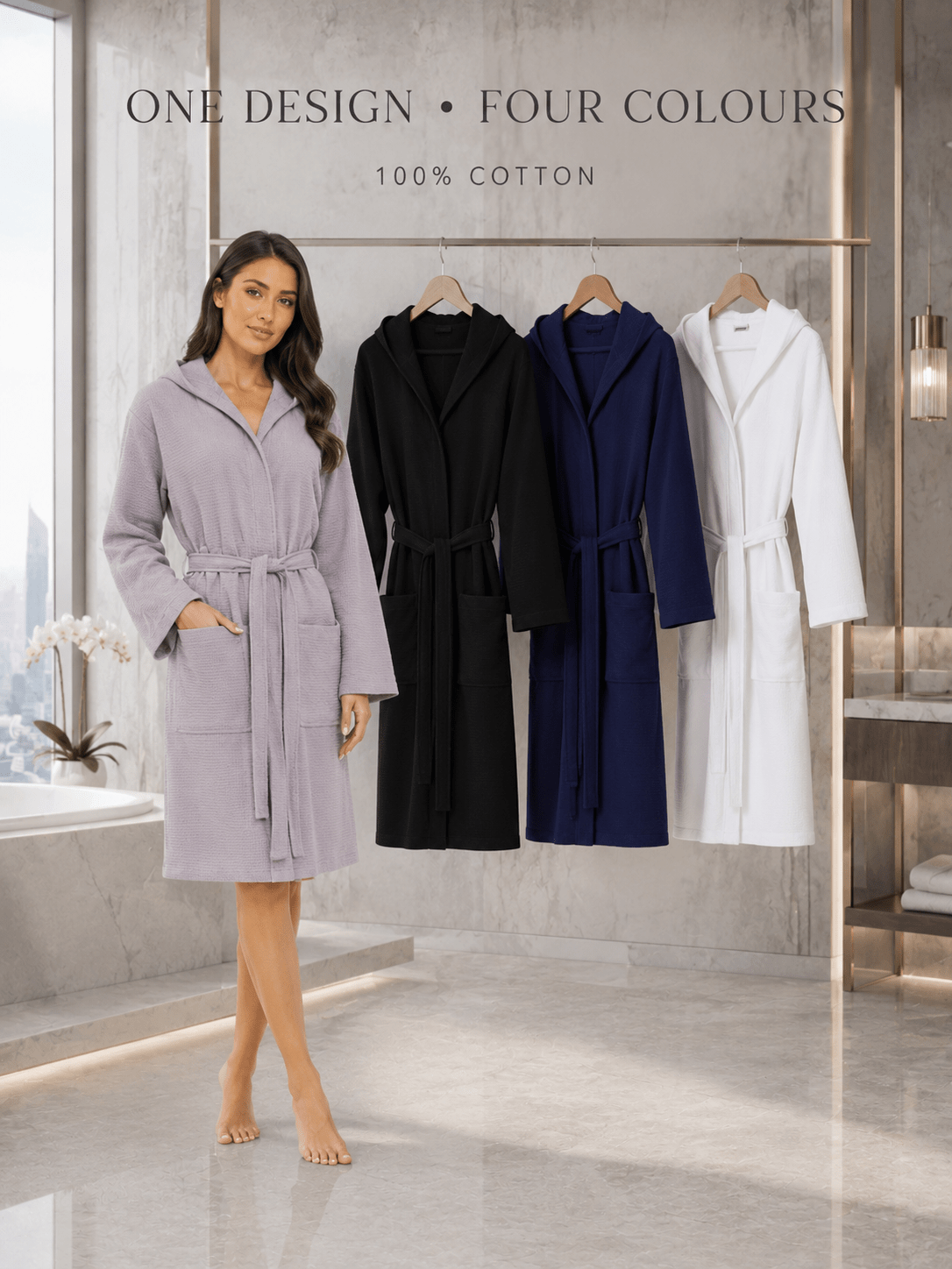 Women's hooded waffle bathrobe