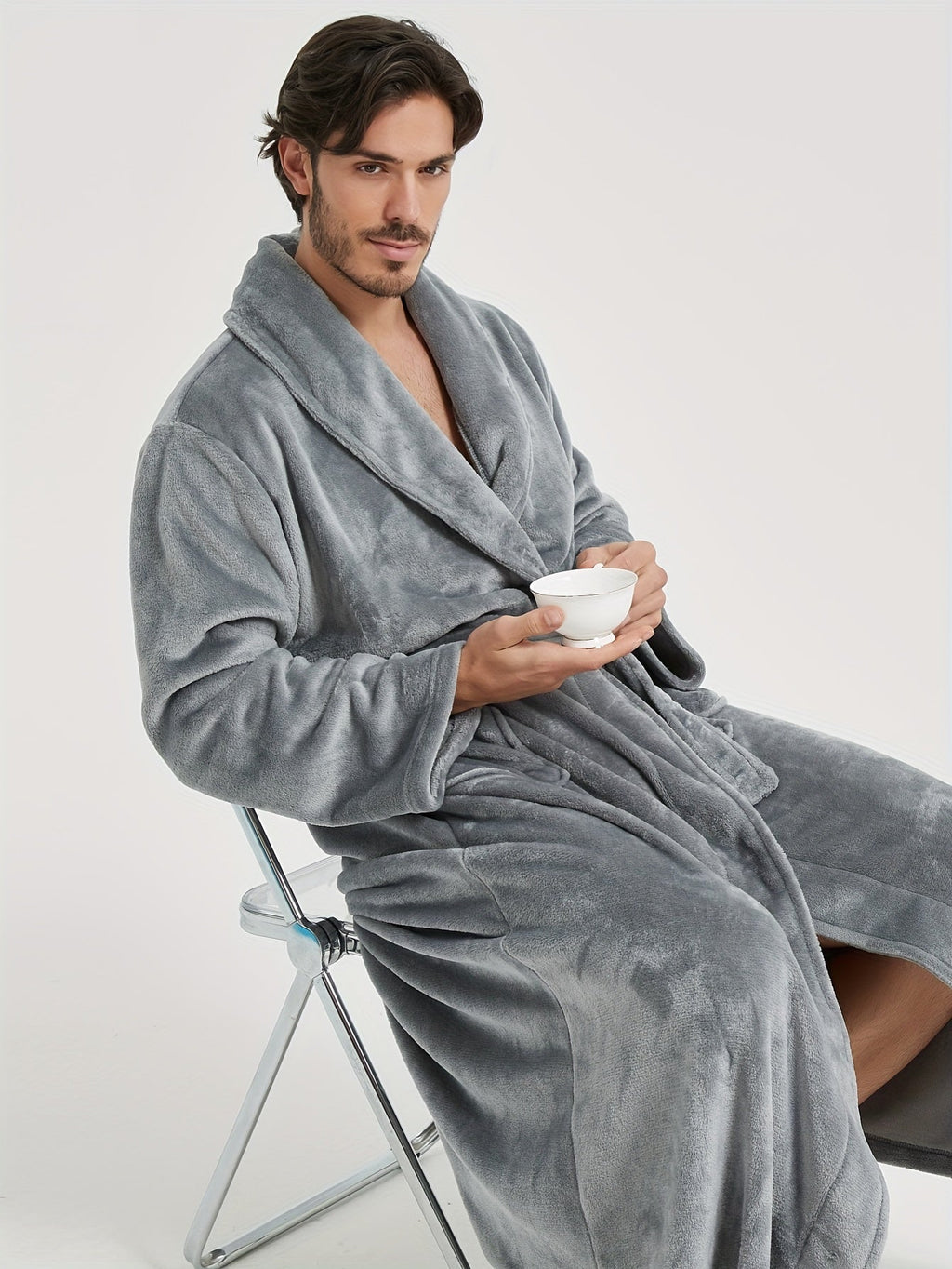 Men's long shawl collar towelling bathrobe