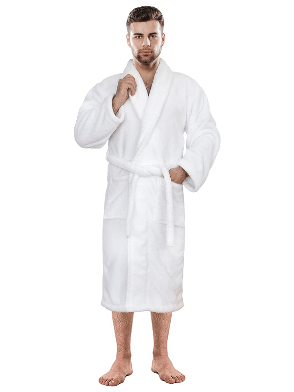 Unisex white hooded terry towelling bathrobe