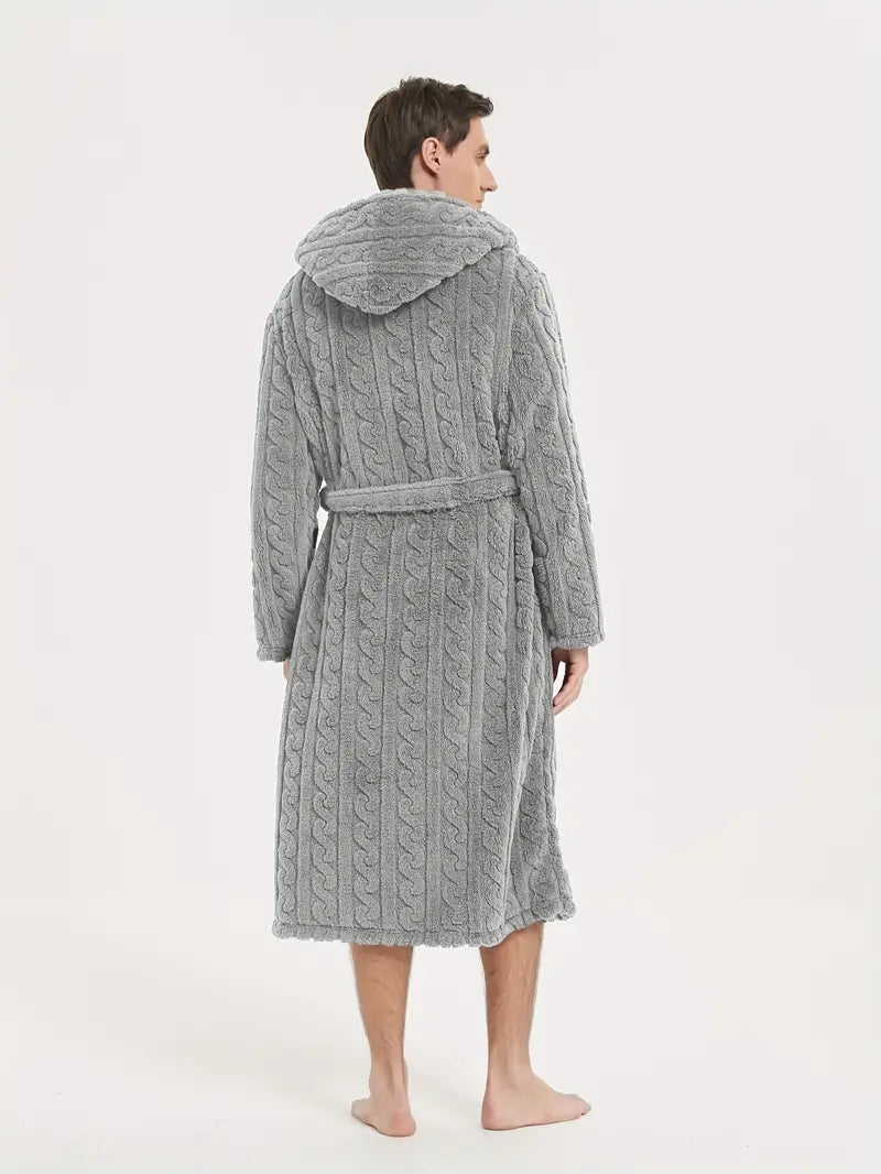 Men's hooded winter fleece bathrobe