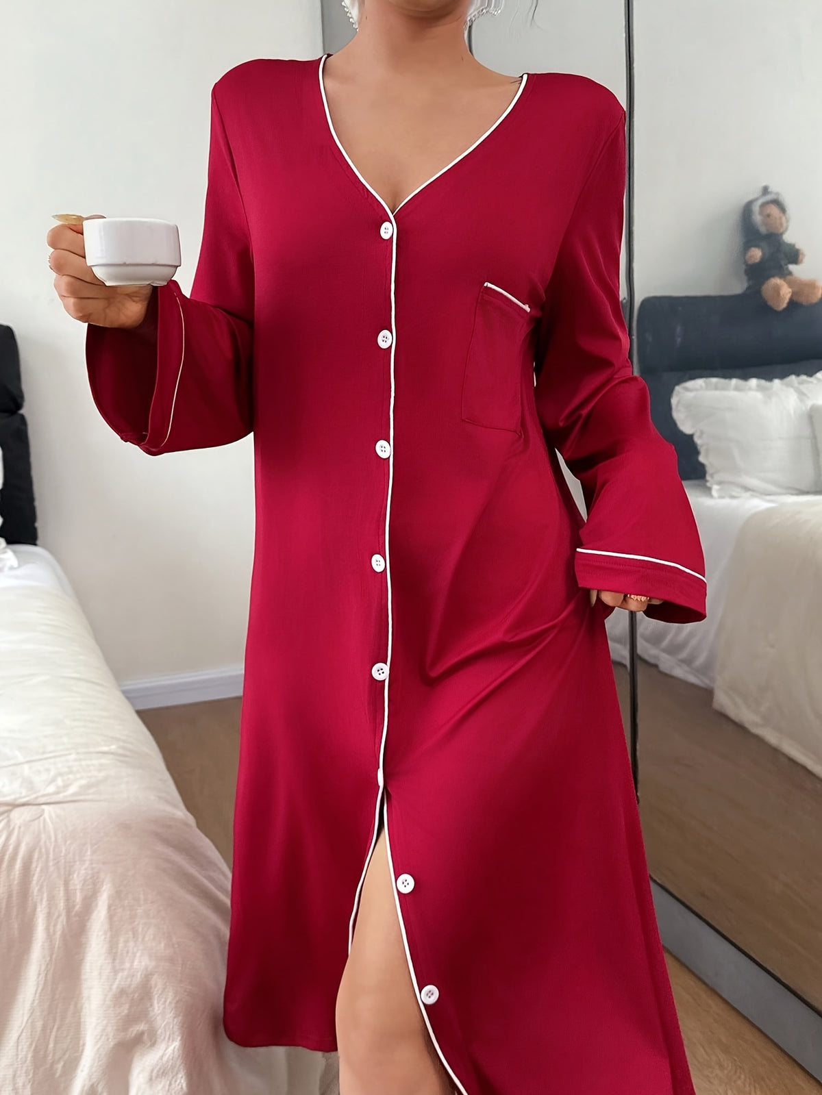 Women's burgundy button-up nightdress