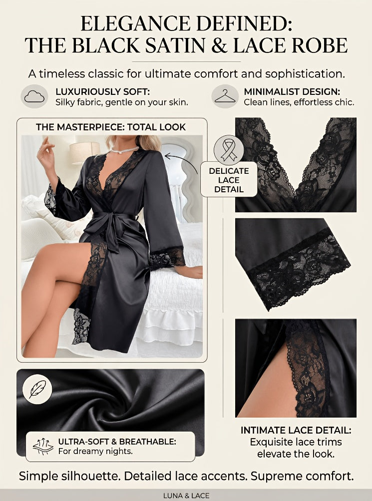 Women's satin dressing gown with lace trim