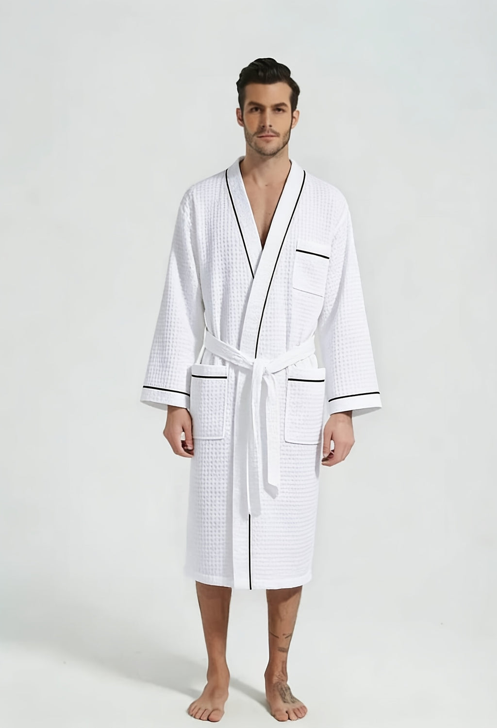 Unisex white long waffle bathrobe with pockets