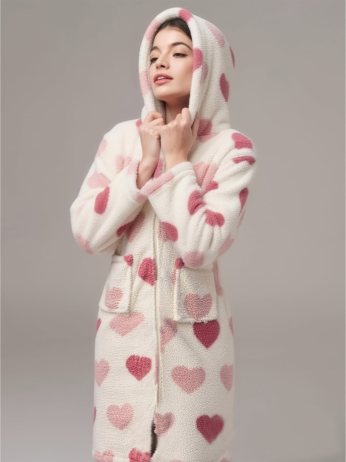 Women's heart print hooded zip-up dressing gown