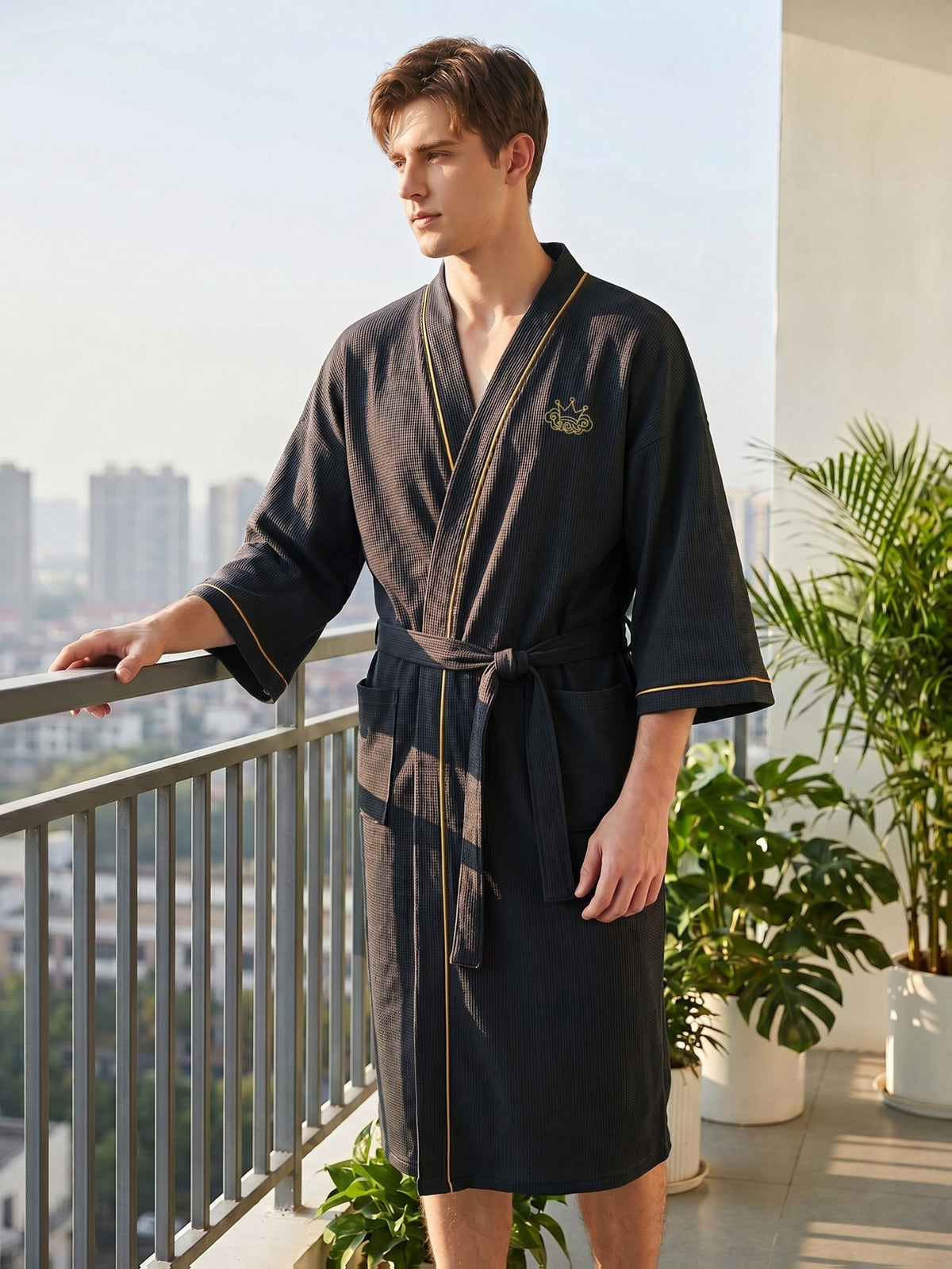 Men's black waffle bathrobe