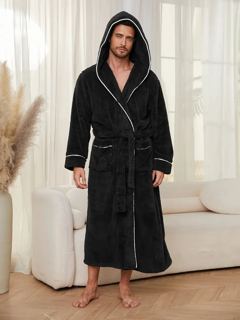 Men's thick hooded fleece bathrobe