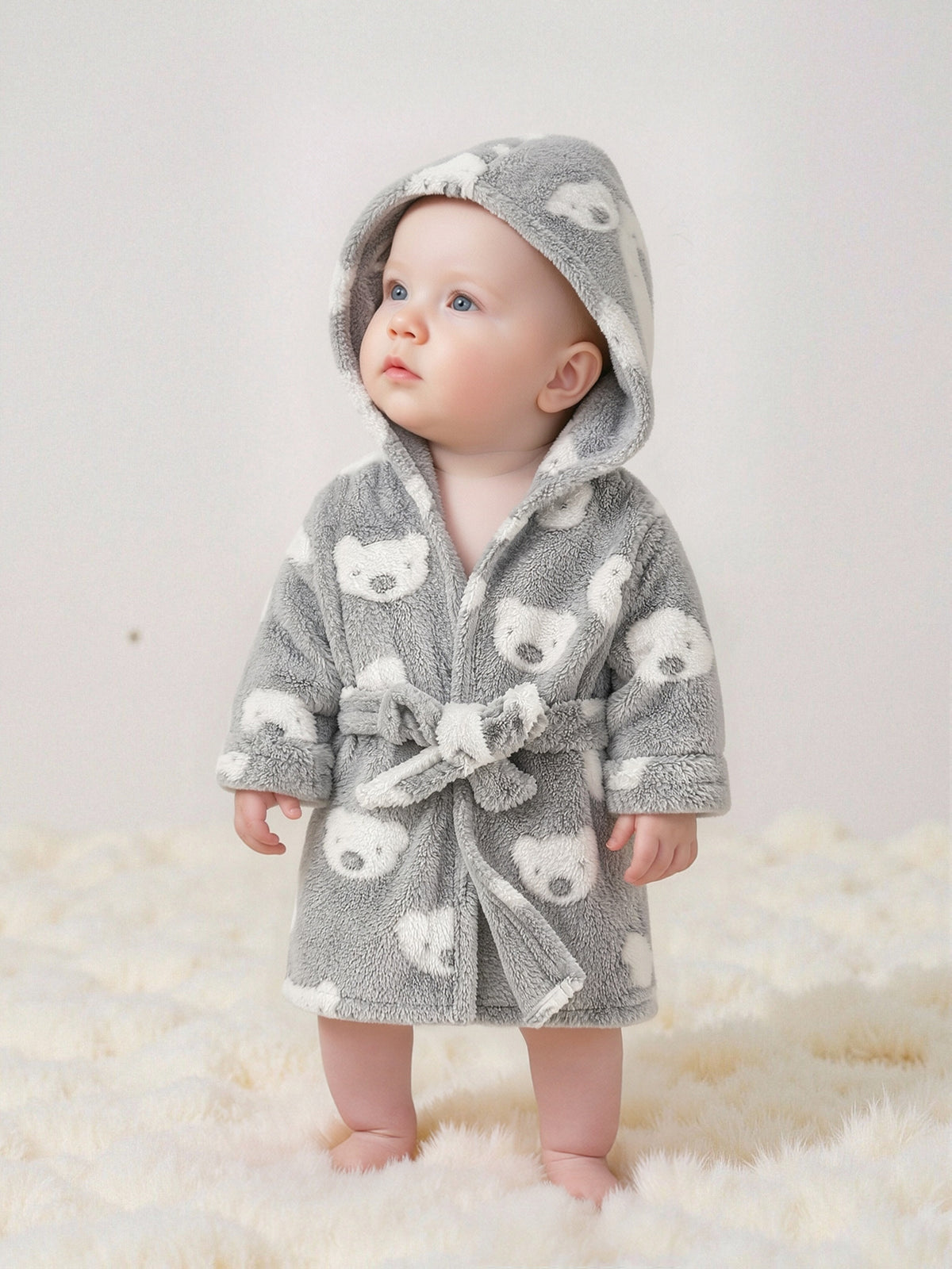 Newborn long hooded fluffy fleece dressing gown