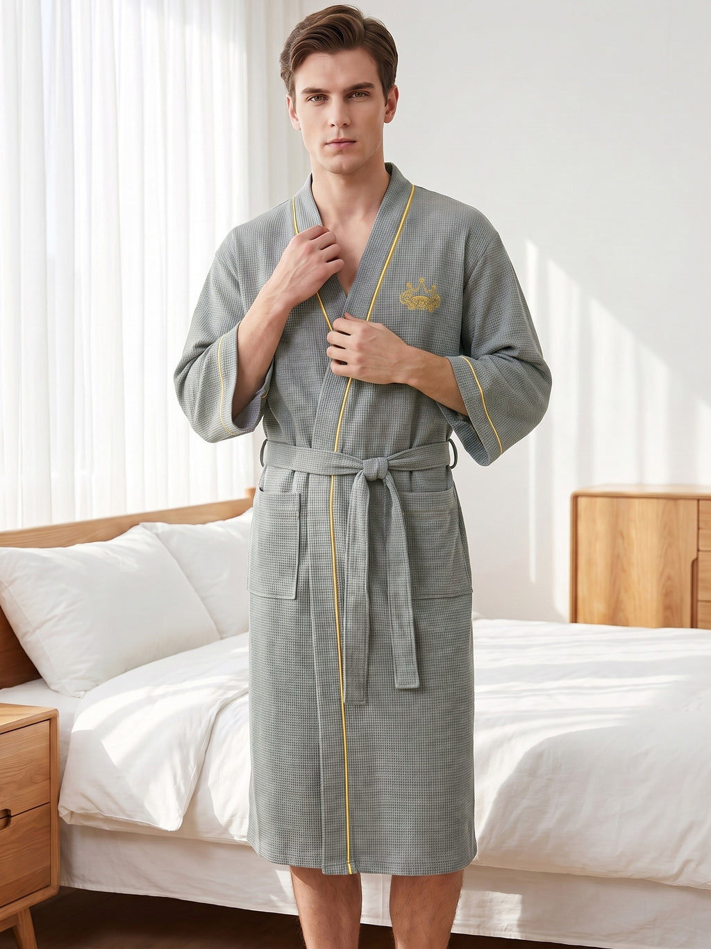 Men's black waffle bathrobe