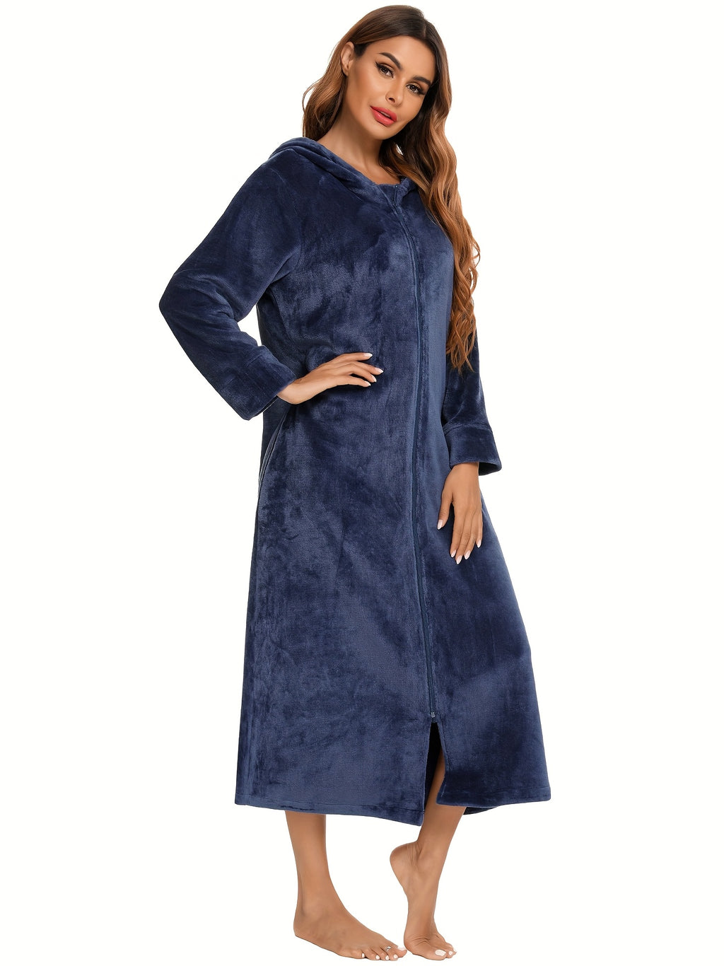 Women's hooded flannel zip-up dressing gown