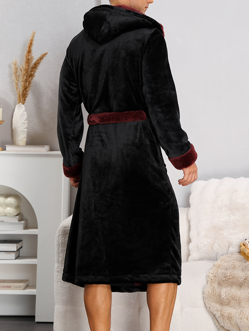 Men's black hooded plush dressing gown