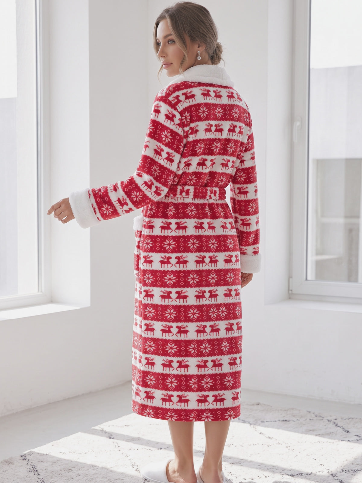 Women's red Fair Isle reindeer print fleece dressing gown