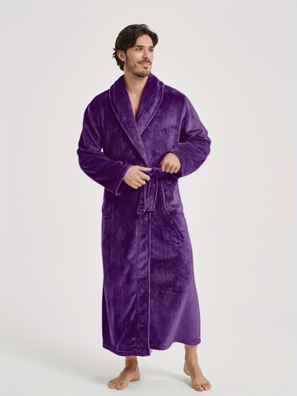 Men's long shawl collar towelling bathrobe — Purple