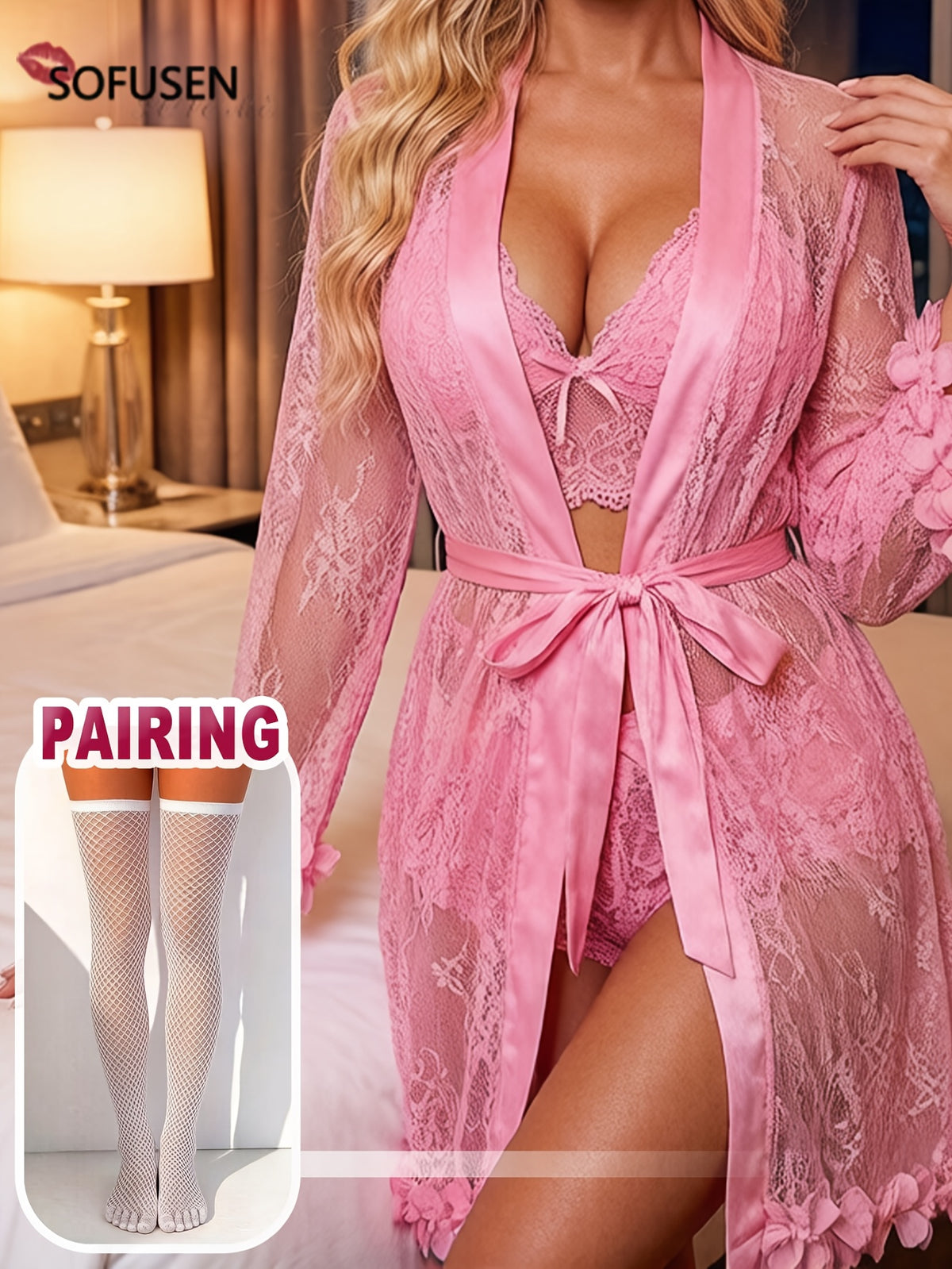 Women's black short lace dressing gown