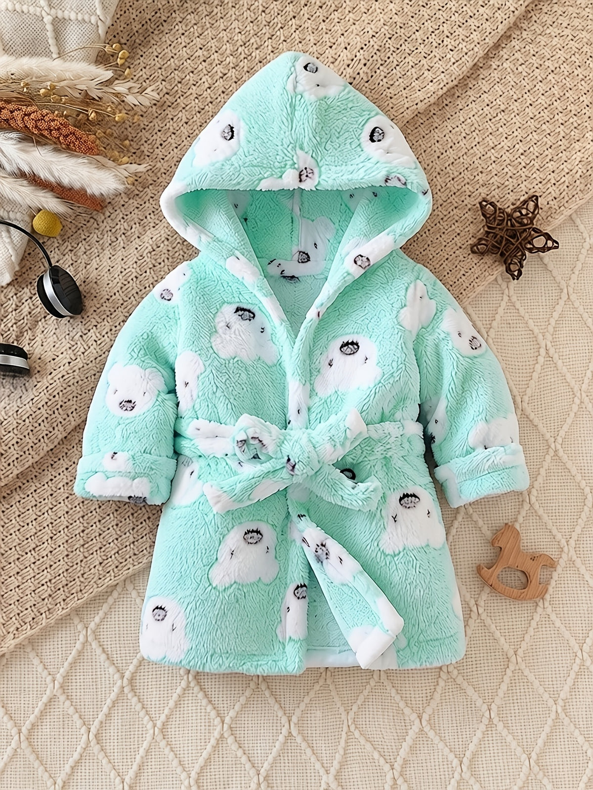 Baby blue hooded fleece bathrobe
