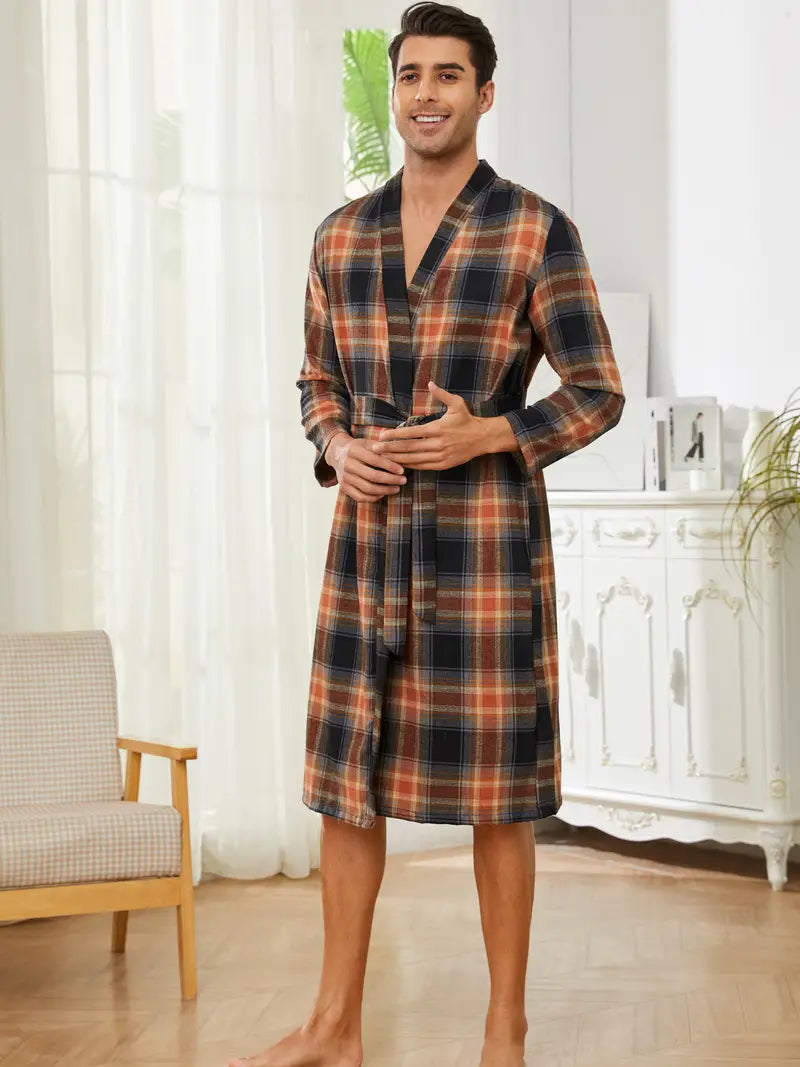 Men's long checked cotton kimono robe