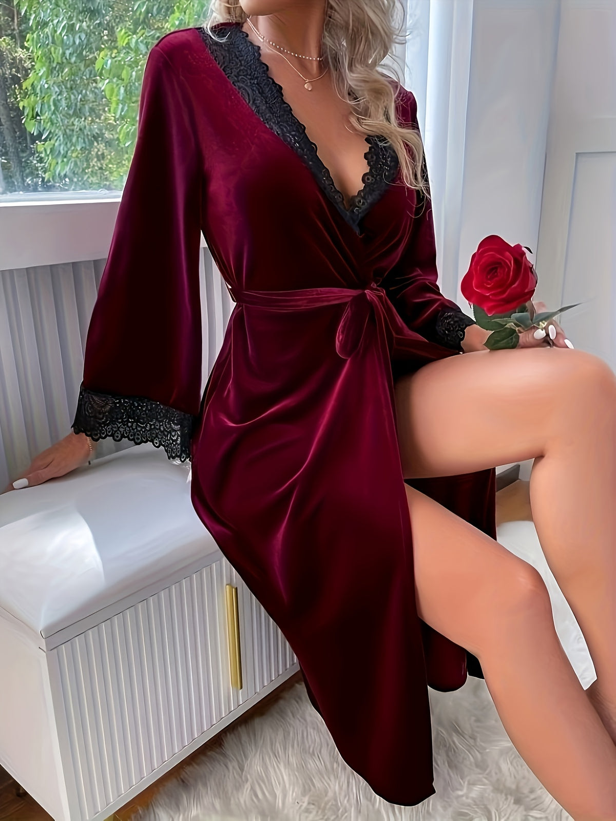 Women's plus size burgundy velvet dressing gown