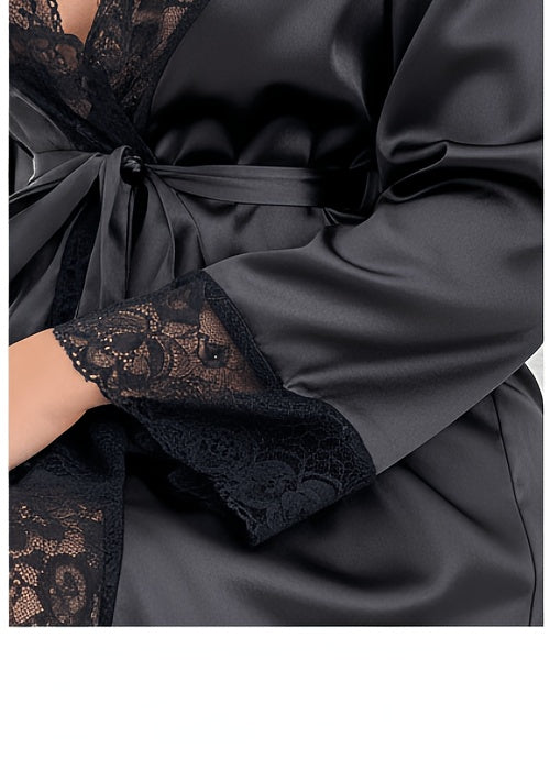 Women's black lace dressing gown with a tie belt