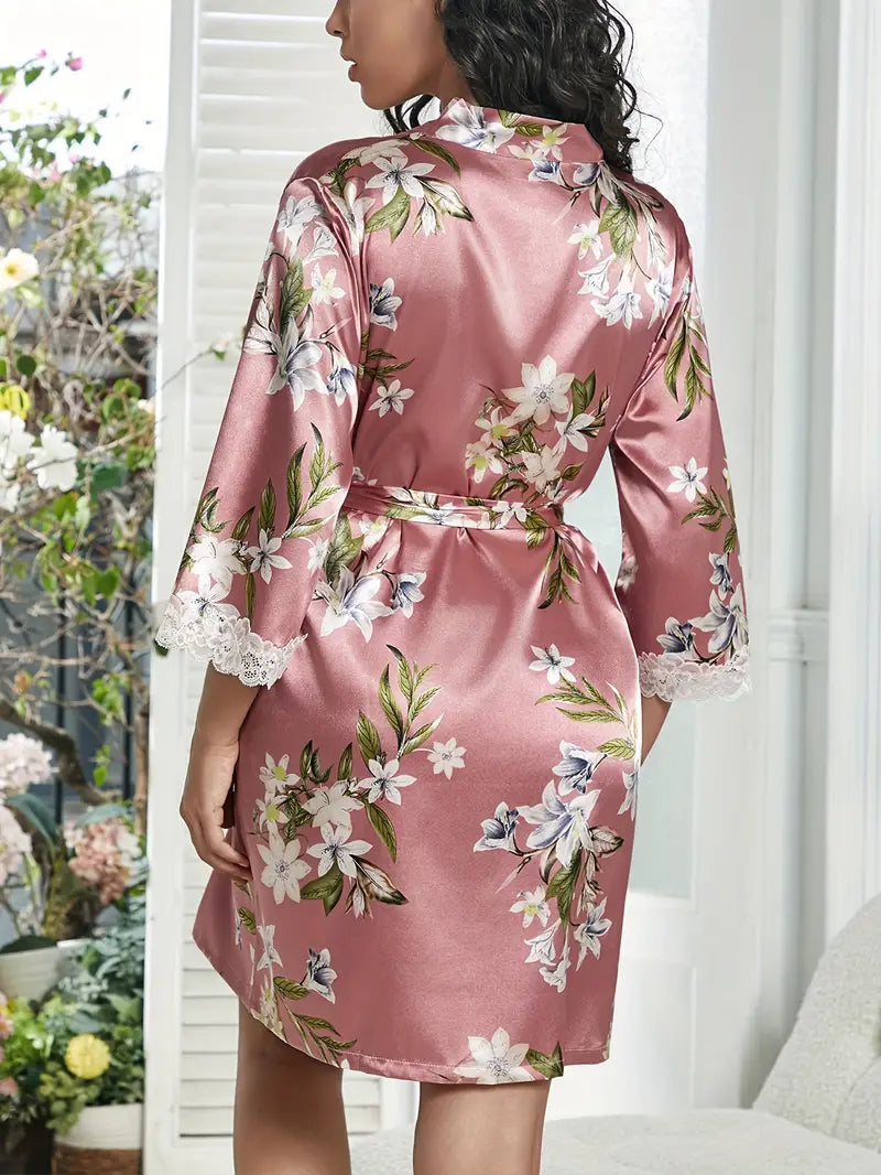 Women's short pink floral satin kimono robe Image