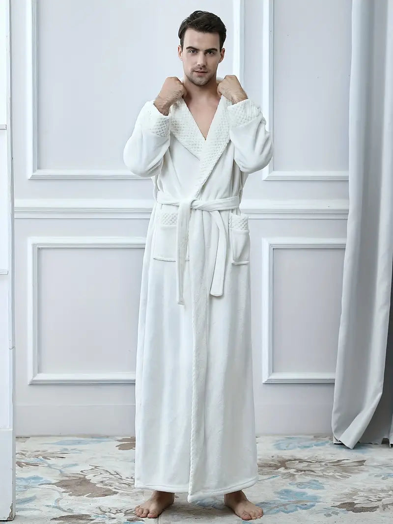 Men's long thick fleece bathrobe, luxury