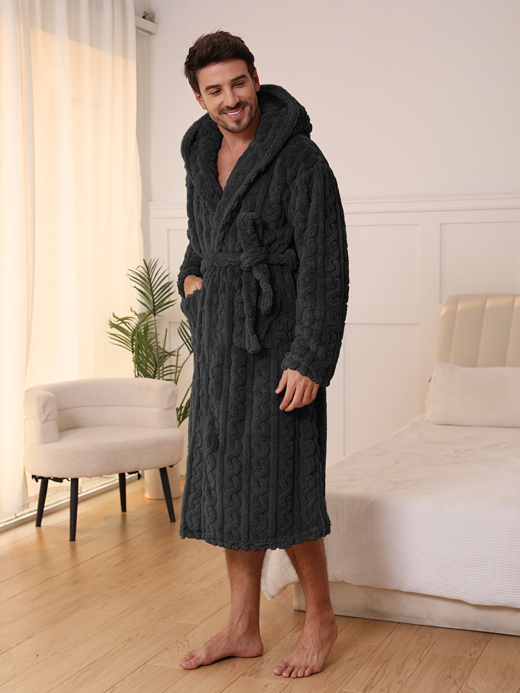 Men's cable-textured hooded towelling bathrobe — Black