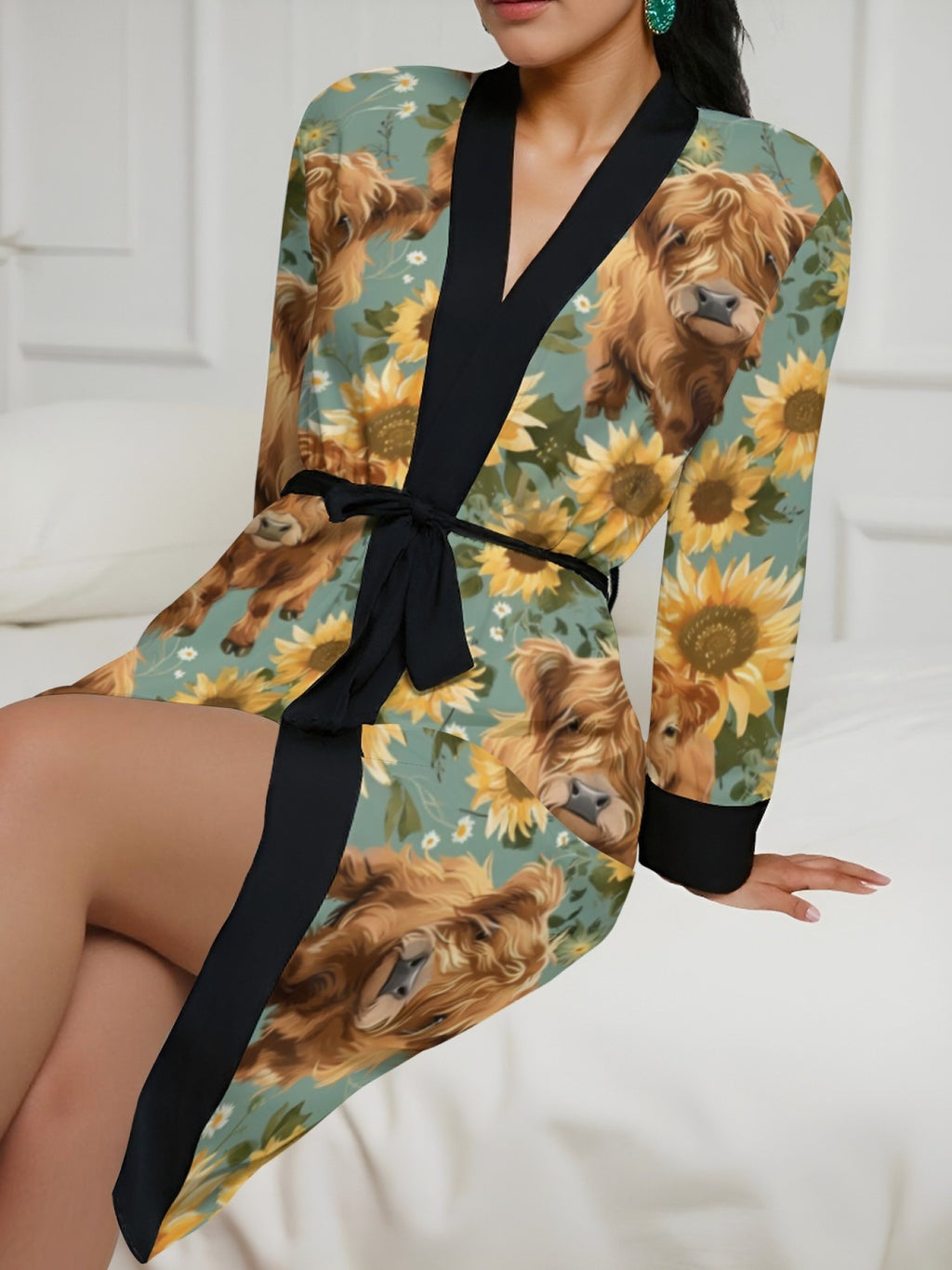 Women's plus size Highland cow and sunflower print dressing gown