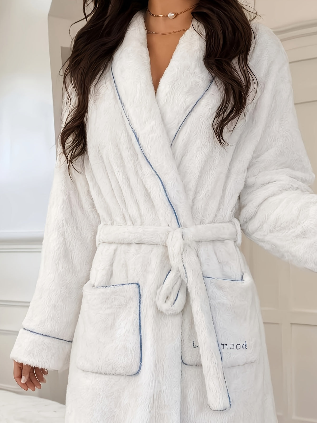 Women's white long fluffy fleece bathrobe
