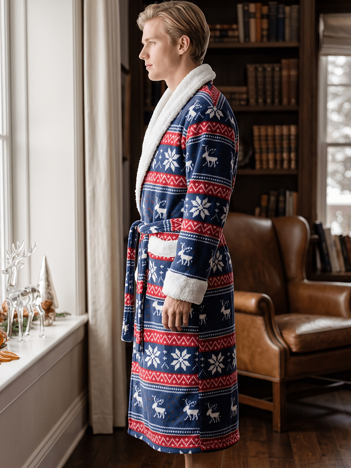 Men's navy Fair Isle Christmas flannel dressing gown Image
