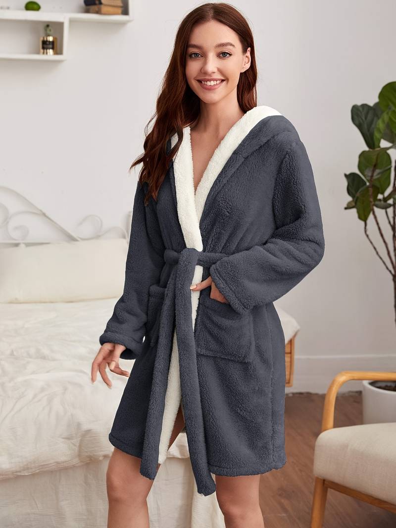 Women's short warm hooded towelling bathrobe