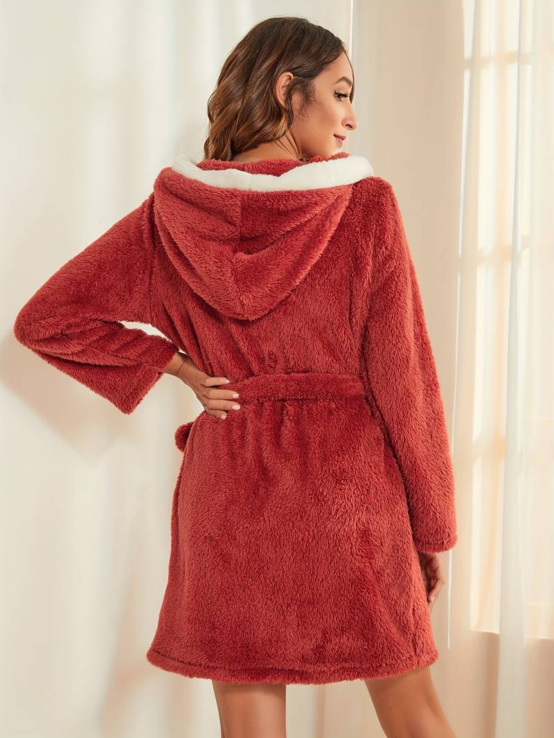Women's short warm hooded towelling bathrobe
