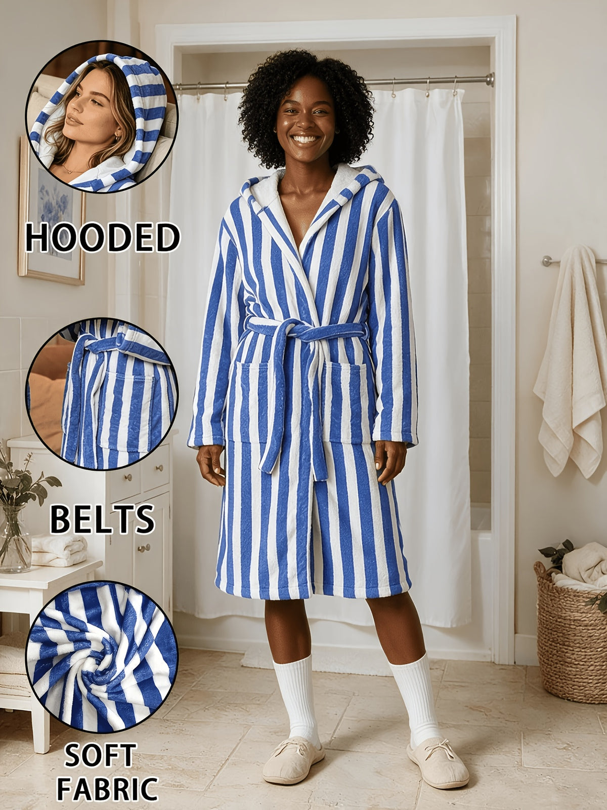 Women's blue striped hooded bathrobe Image