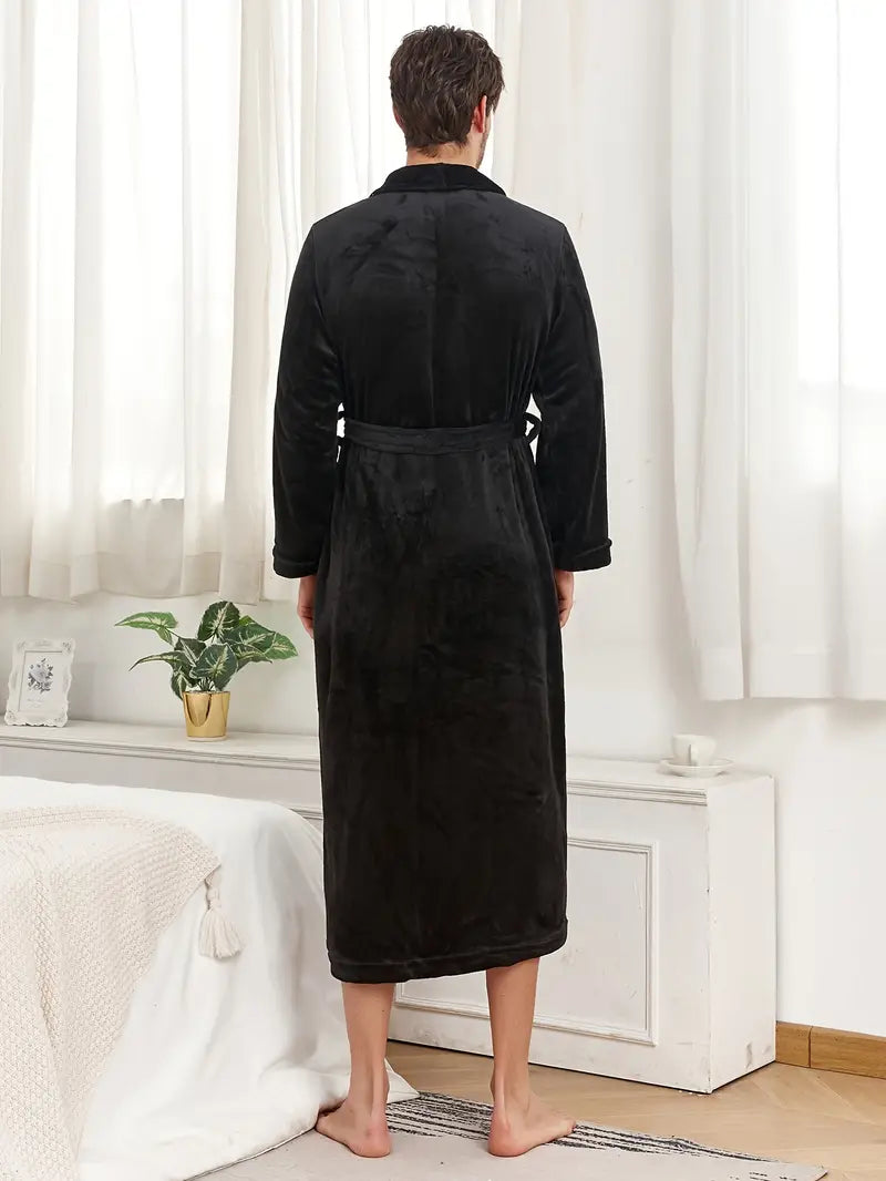 Men's long warm fleece bathrobe, plus size