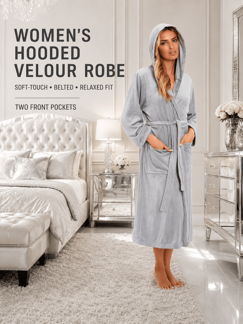 Women's long hooded velour bathrobe