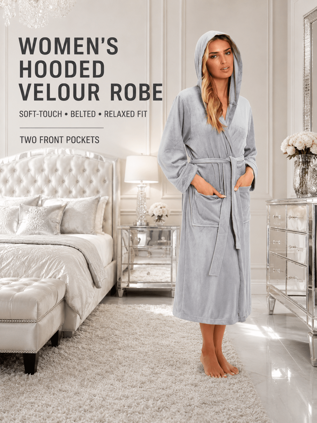 Women's long hooded velour bathrobe