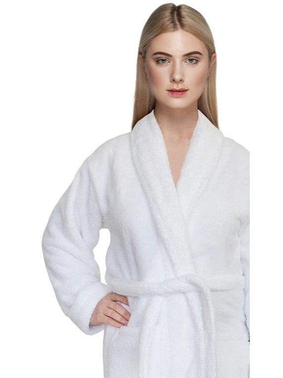 Unisex white hooded terry towelling bathrobe