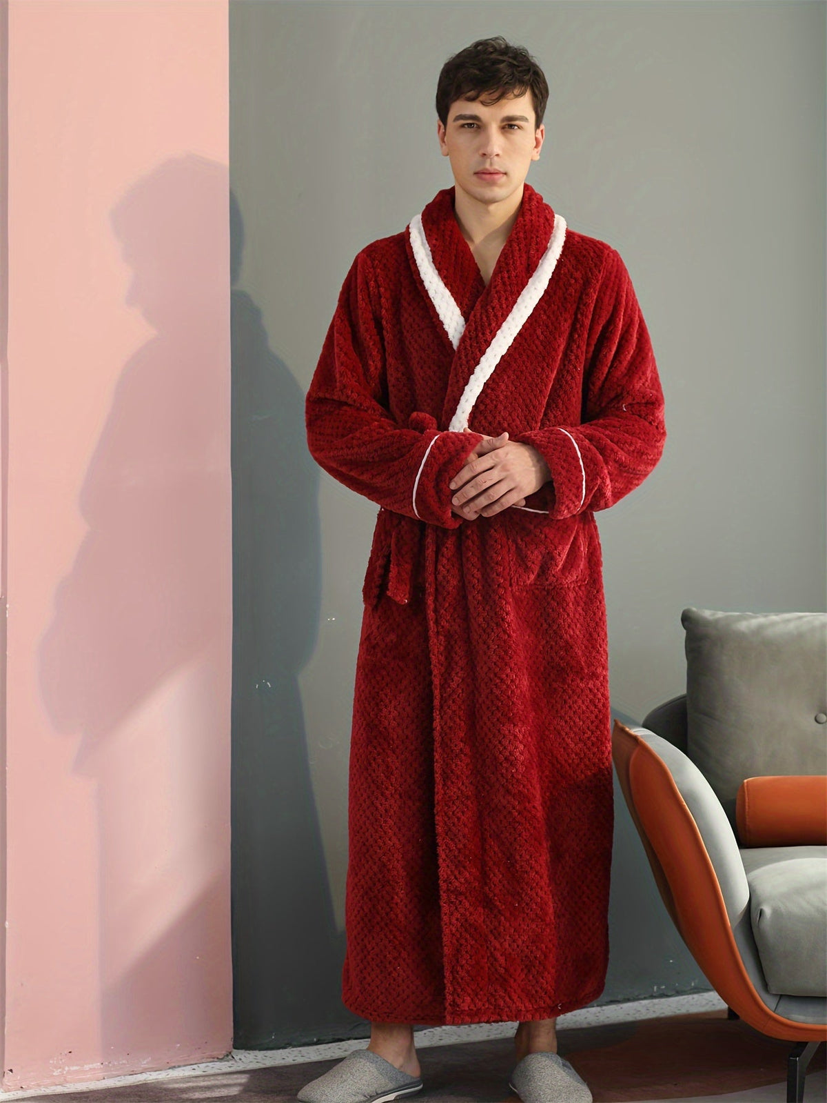Men's long waffle velour dressing gown